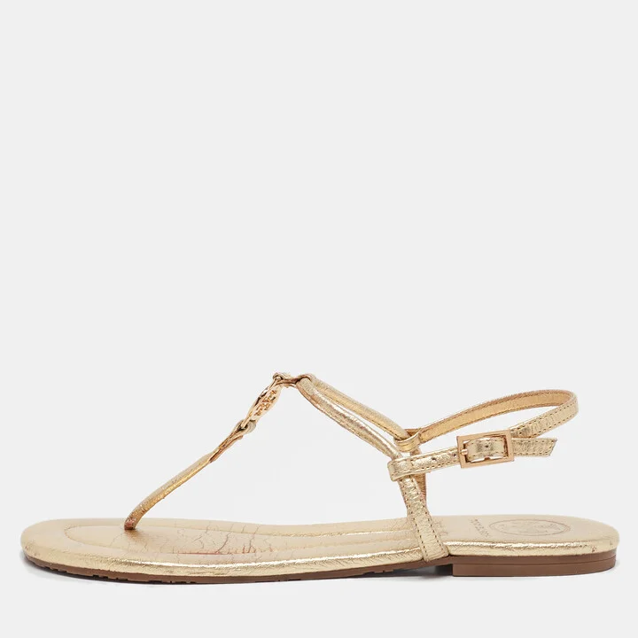 Tory Burch Gold Leather Emmy Thong Sandals Size 36.5