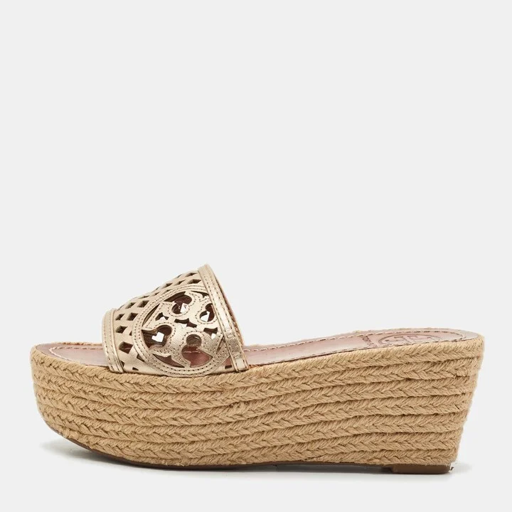 Tory Burch Gold Leather Espadrille Wedge Sandals Size 35