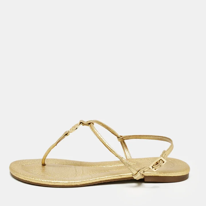 Tory Burch Gold Leather Thong Slingback Flat Sandals Size 36