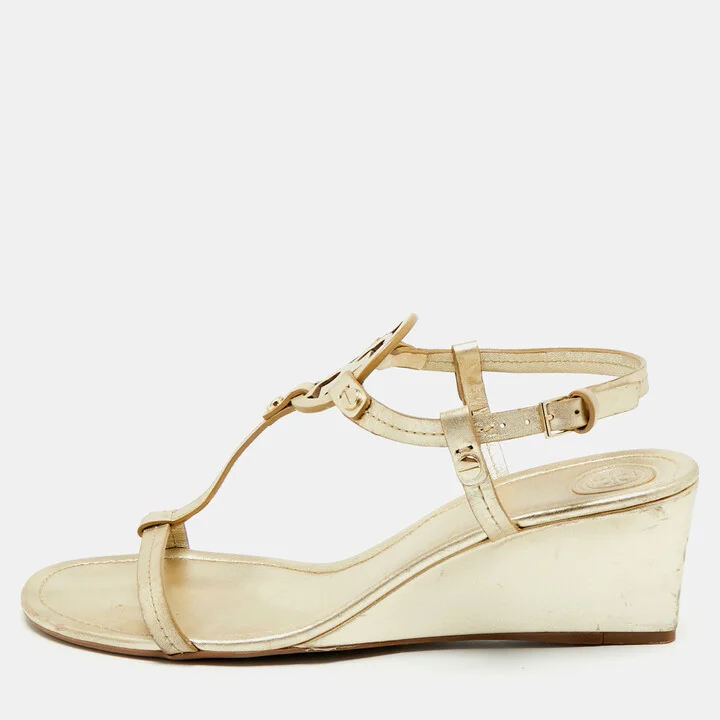Tory Burch Gold Leather Wedge Sandals Size 39.5
