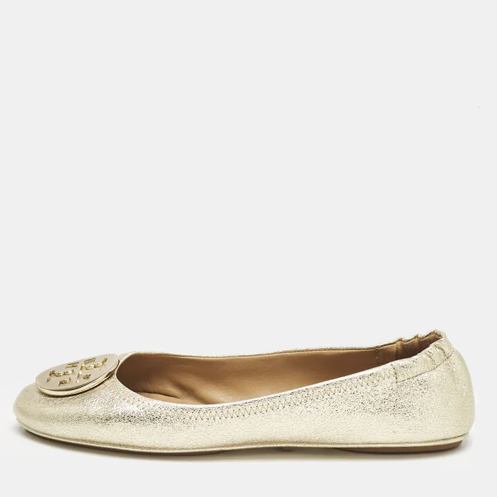 Tory Burch Gold Metallic Leather Reva Scrunch Ballet Flats Size 39.5