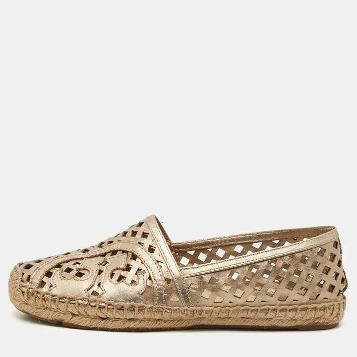 Tory Burch Gold Perforated Leather Espadrille Flats Size 36.5