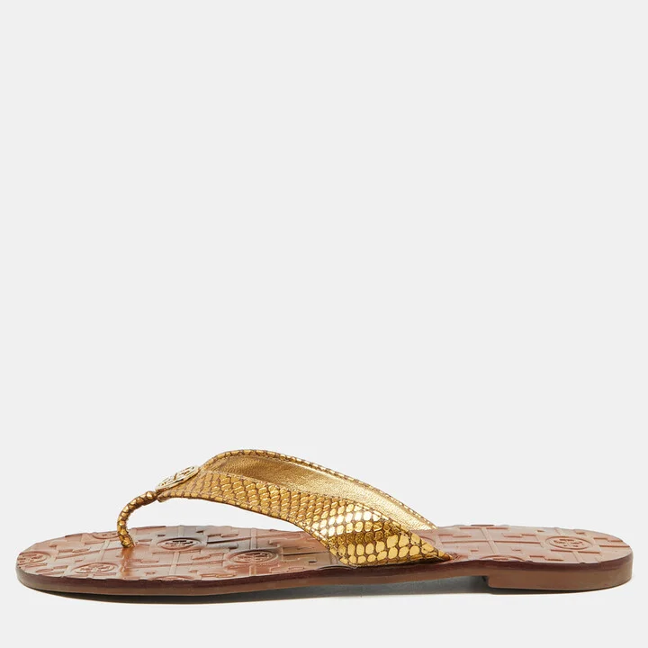 Tory Burch Gold Snakeskin Embossed Leather Monroe Thong Flats Size 37