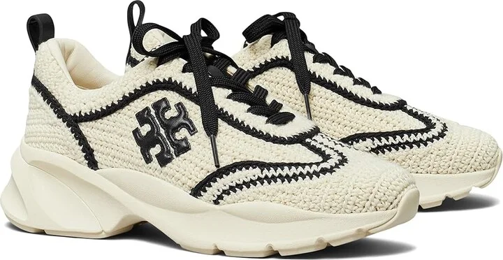 Tory Burch Good Luck Crochet Trainer Women's Shoes New Ivory/Perfect Black : 5.5 M, Leather/Rubber