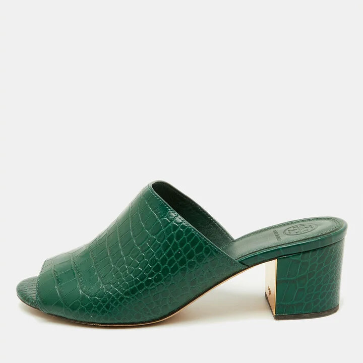 Tory Burch Green Croc Embossed Leather Martine Block Heel Slide Sandals Size 39