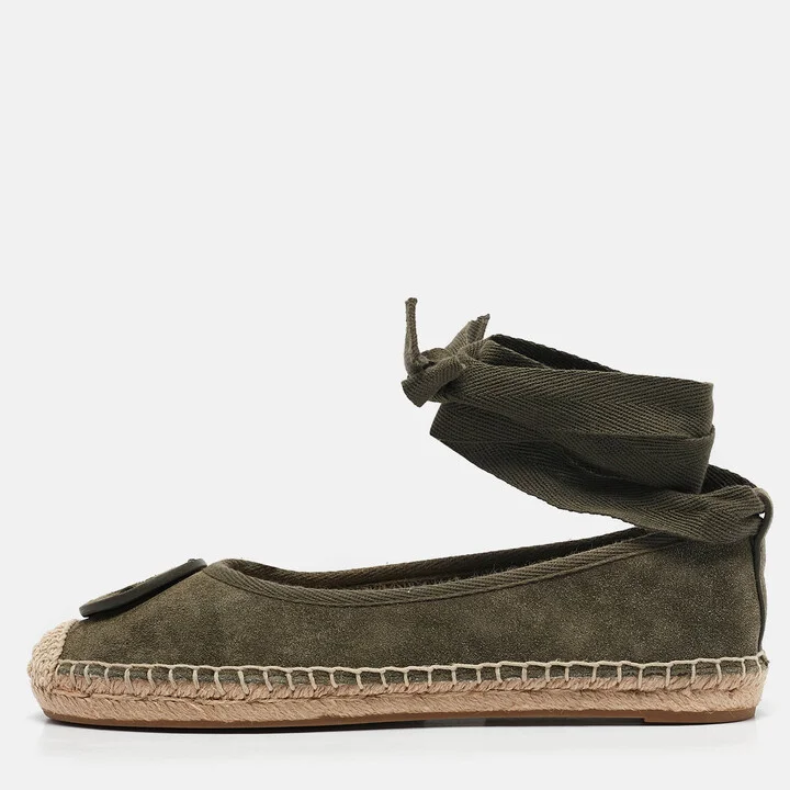 Tory Burch Green Suede Minnie Travel Ballet Flats Size 36.5