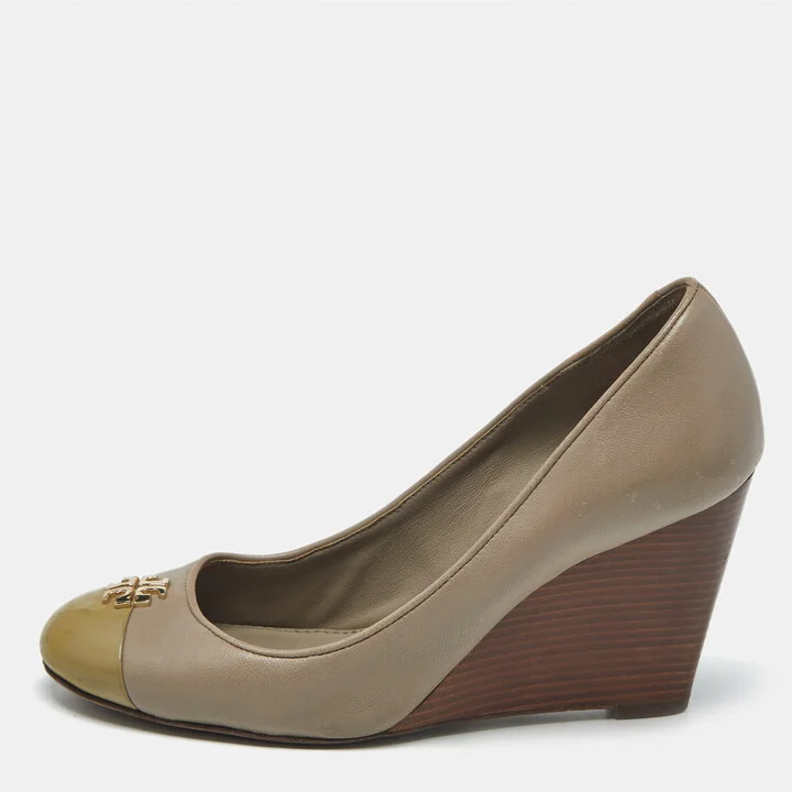 Tory Burch Grey/Beige Leather Reva Logo Cap Toe Wedge Pumps Size 35.5