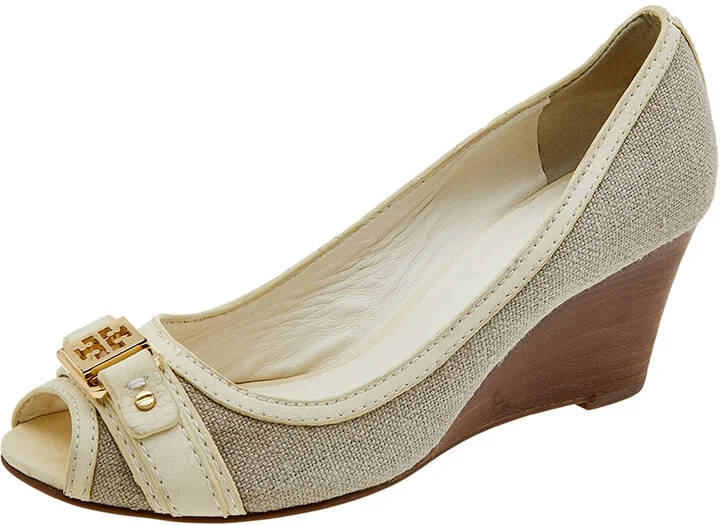 Tory Burch Grey/Cream Canvas And Leather Wedge Peep Toe Pumps Size 37.5