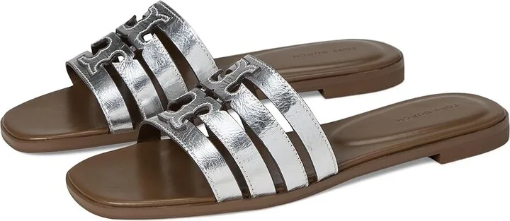 Tory Burch Ines Cage Slides Women's Sandals Silver/Wild Mushroom : 10 M, Leather/Rubber