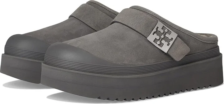Tory Burch Mellow Shearling Platform Mule Women's Flat Shoes Charcoal Gray/Silver : 6 M, Suede