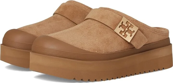 Tory Burch Mellow Shearling Platform Mule Women's Flat Shoes Light Chestnut/Gold : 9.5 M, Suede