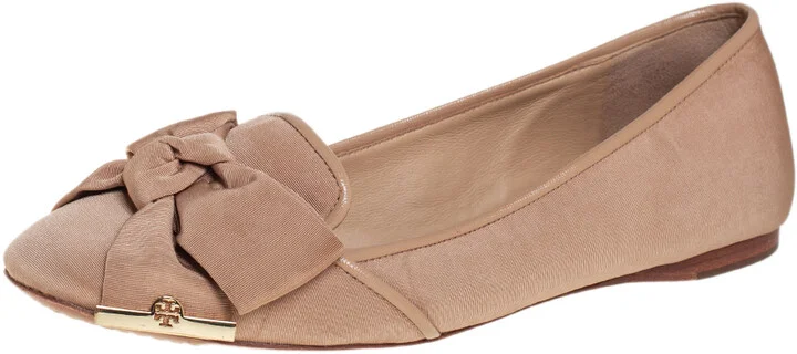 Tory Burch Metallic Beige Fabric Bow Ballet Flats Size 40