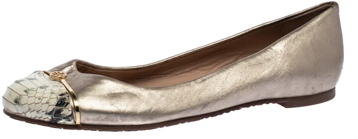 Tory Burch Metallic Gold Leather And Snake Print Cap Toe Bar Logo Ballet Flats Size 37