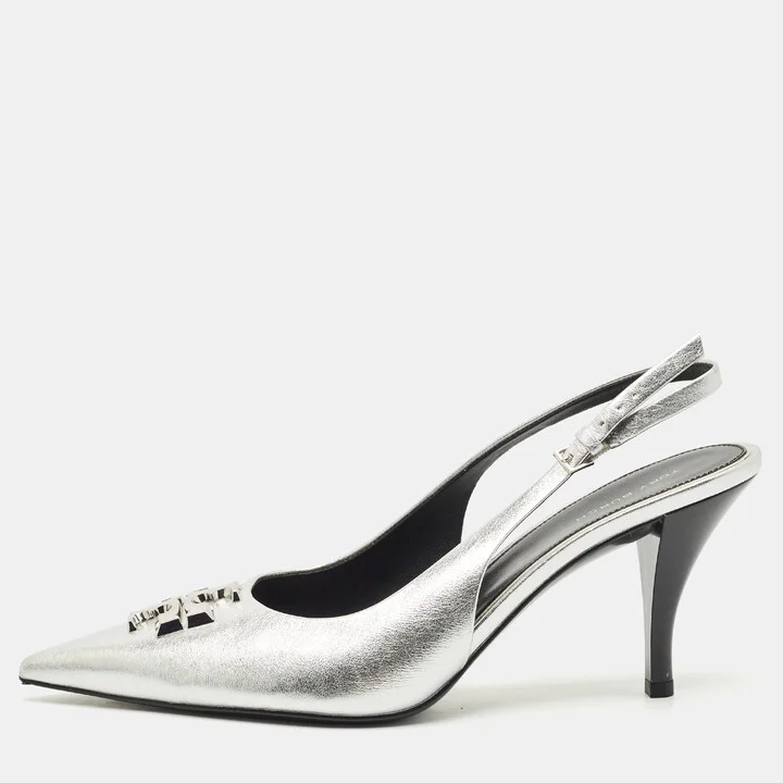 Tory Burch Metallic Silver Leather Eleanor Pointed Toe Slingback Pumps Size 39