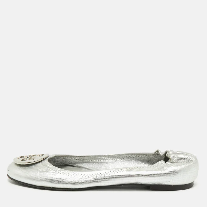 Tory Burch Metallic Silver Leather Reva Scrunch Ballet Flats Size 41