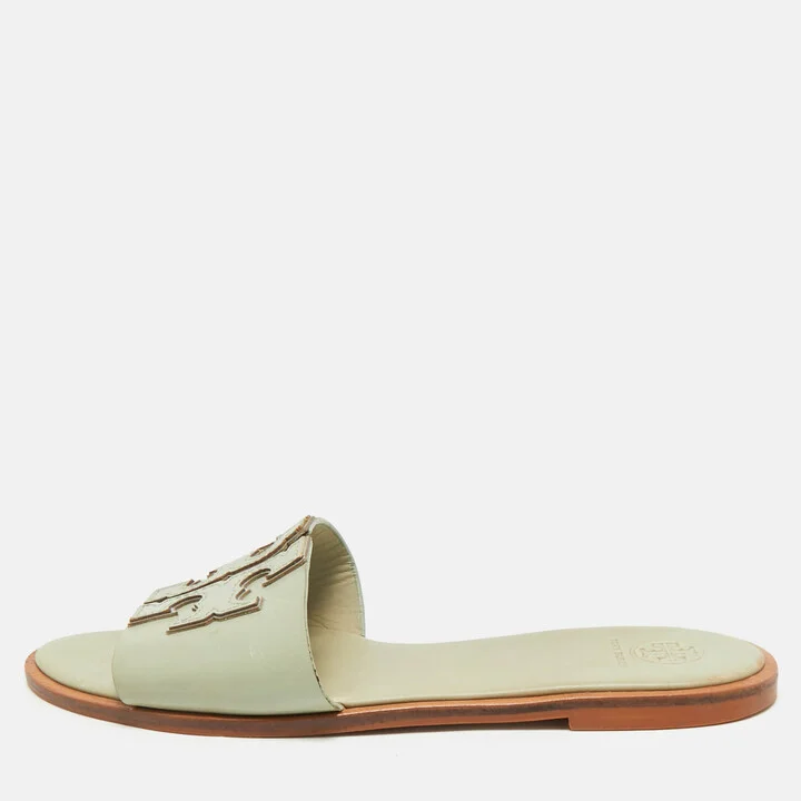 Tory Burch Mint Green Leather Ines Flat Slides Size 39