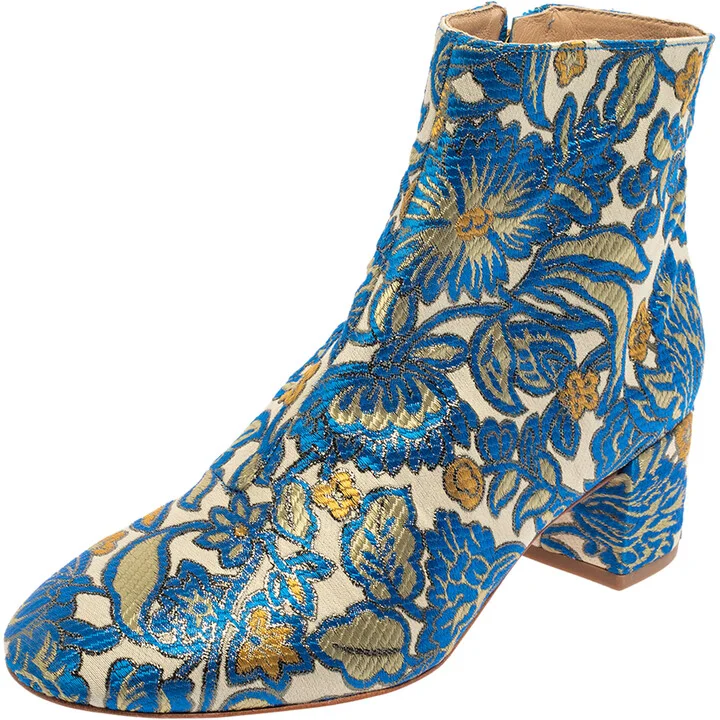 Tory Burch Multicolor Brocade Fabric Block Heel Ankle Boots Size 36