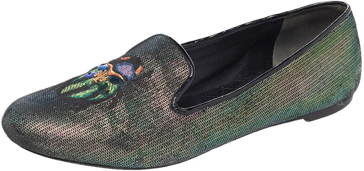 Tory Burch Multicolor Iridescent Leather Beetle Embroidered Smoking Slippers Size 38.5
