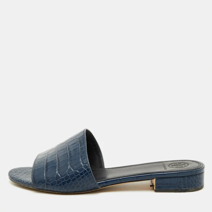 Tory Burch Navy Blue Croc Embossed Leather Martine Flat Slide Sandals Size 38.5