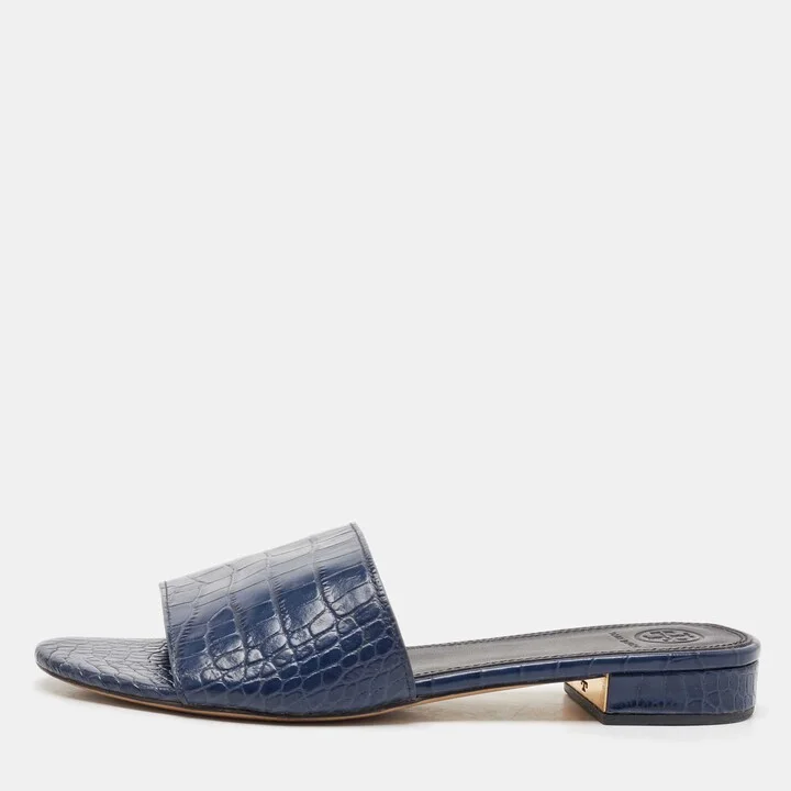 Tory Burch Navy Blue Croc Embossed Leather Martine Slide Sandals Size 39