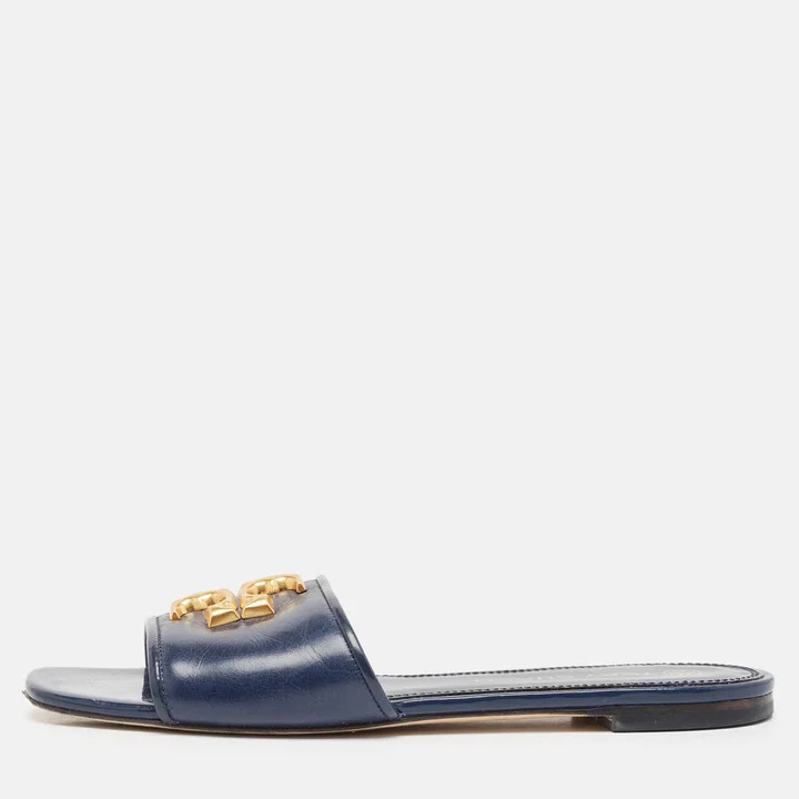 Tory Burch Navy Blue Leather eleanor Flat Sandals Size 37.5
