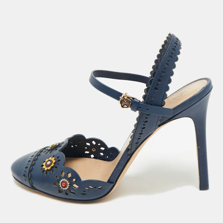 Tory Burch Navy Blue Leather Floral Scalloped Marguerite Ankle Strap Sandals Size 38