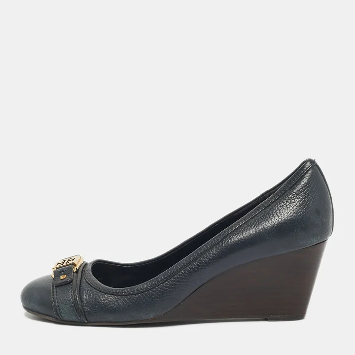 Tory Burch Navy Blue Leather Lowell Wedge Pumps Size 39.5
