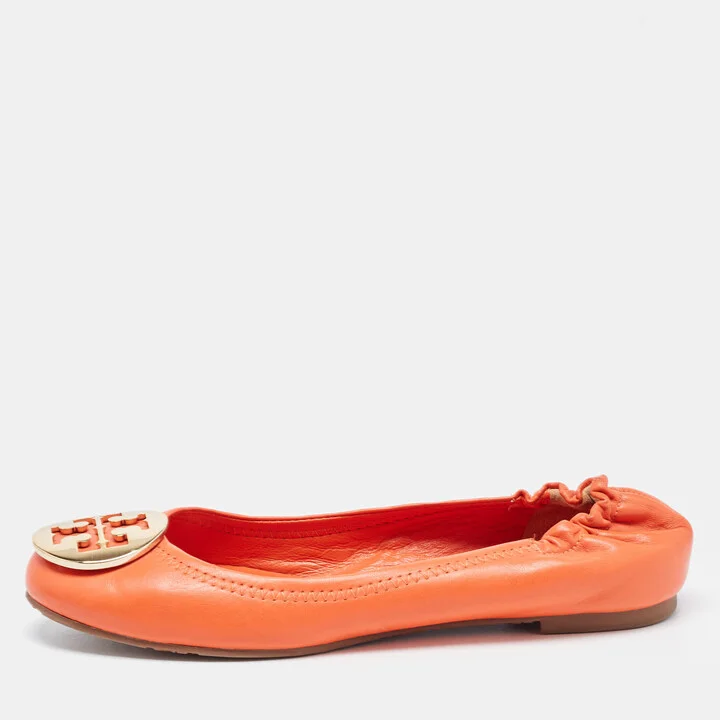 Tory Burch Orange Leather Minnie Scrunch Ballet Flats Size 36.5