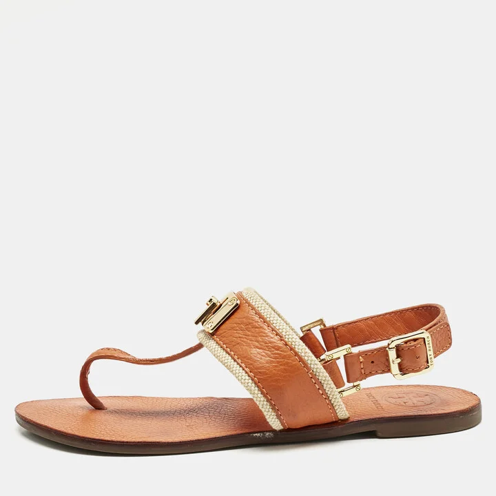 Tory Burch Orange Leather T-Strap Flat Sandals Size 38