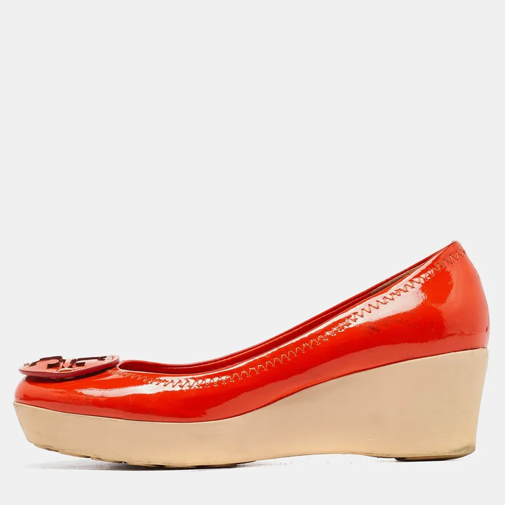Tory Burch Orange Patent Leather Wedge Platform Pumps Size 36