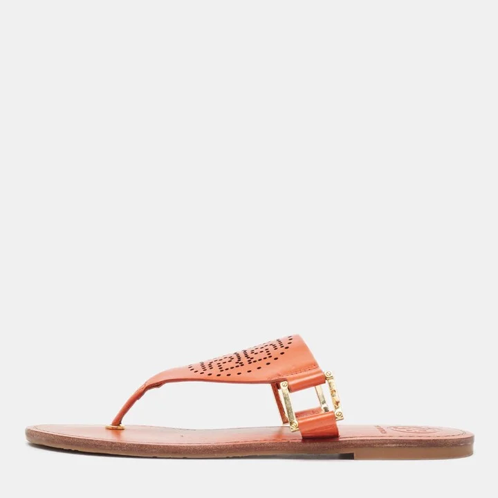 Tory Burch Orange Perforated Leather Thong Sandals Size 38.5