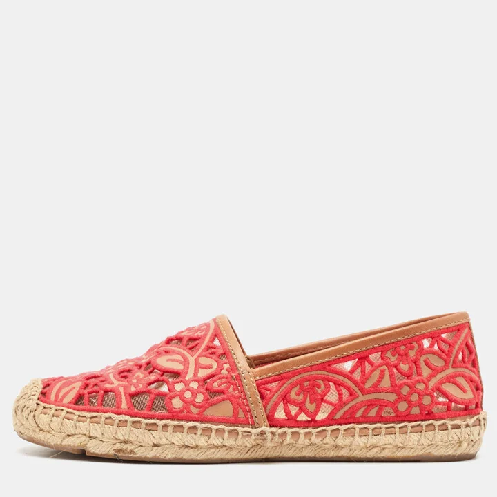 Tory Burch Pink/Brown Lace and Leather Lucia Espadrille Flats Size 37.5