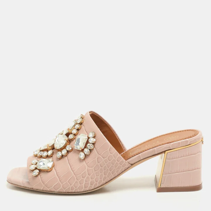 Tory Burch Pink Crocodile Embossed Leather Martine Slide Sandals Size 35