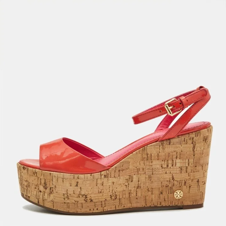 Tory Burch Pink Patent Leather Dahlia Cork Wedge Sandals Size 36