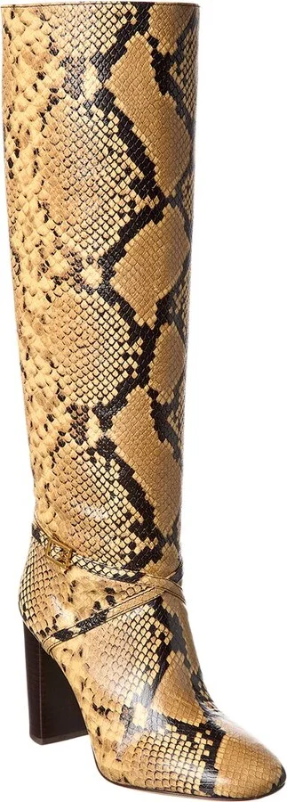 Tory Burch Pull-On Snake-Embossed Leather Knee-High Boot