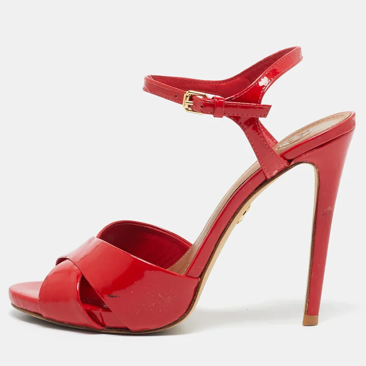 Tory Burch Red Patent Leather Cross Strap Ankle Strap Sandals Size 38
