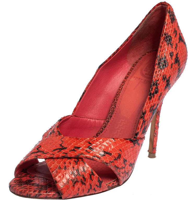 Tory Burch Red Snakeskin Peep Toe Pumps Size 36