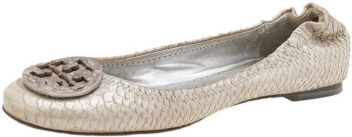 Tory Burch Silver Python Embossed Leather Reva Ballet Flats Size 38.5
