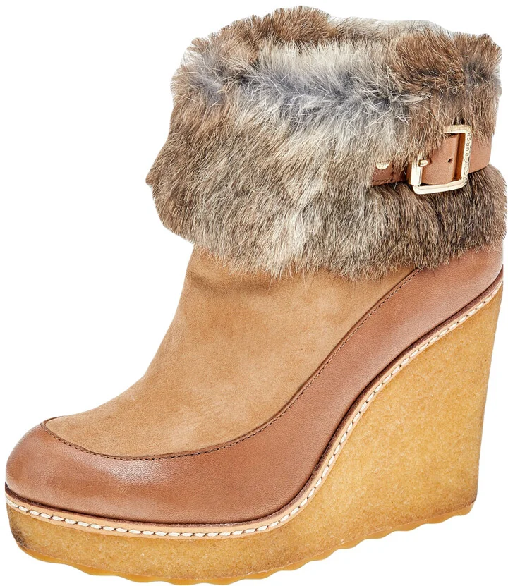 Tory Burch Tan Leather Suede And Fur Wedge Ankle Boots Size 37