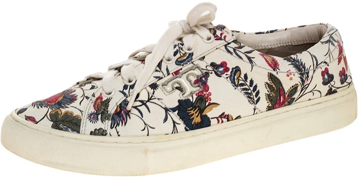 Tory Burch White Floral Print Leather Amalia Low Top Sneakers Size 39.5