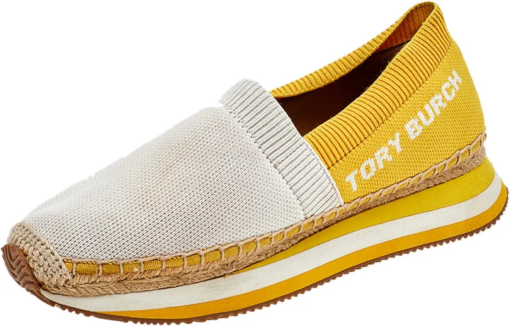 Tory Burch White/Yellow Knit Fabric Daisy Espadrille Slip On Sneakers Size 38.5