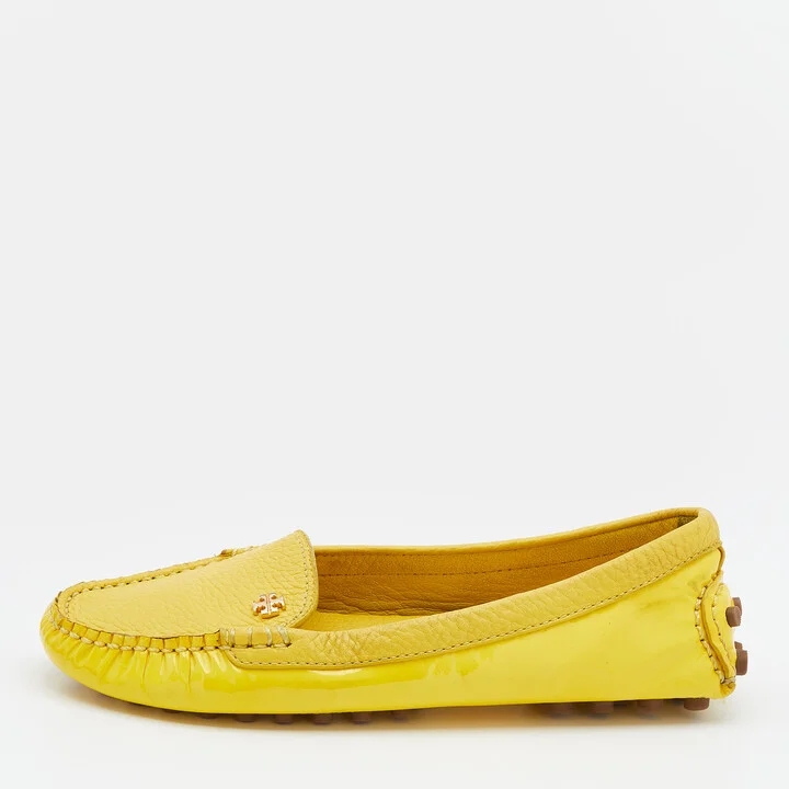 Tory Burch Yellow Patent Leather And Leather Slip On Loafers Size 36.5