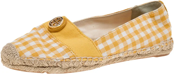 Tory Burch Yellow/White Gingham Fabric And Canvas Espadrille Flats Size 37.5