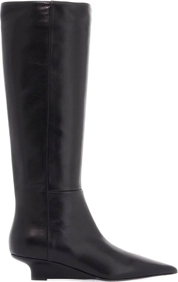 TOTEME black leather knee-high boots with low heel and pointed toe