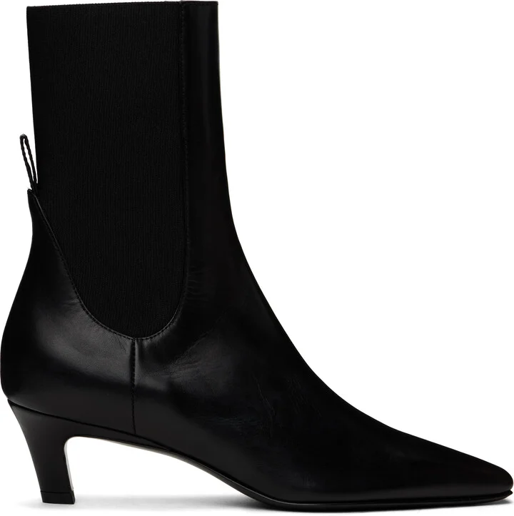 TOTEME Black Leather Mid-Heel Boots