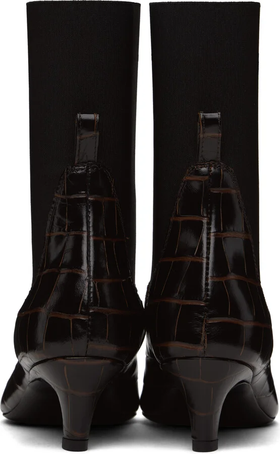 TOTEME Brown Croco-Embossed Mid-Heel Boots - Image 2