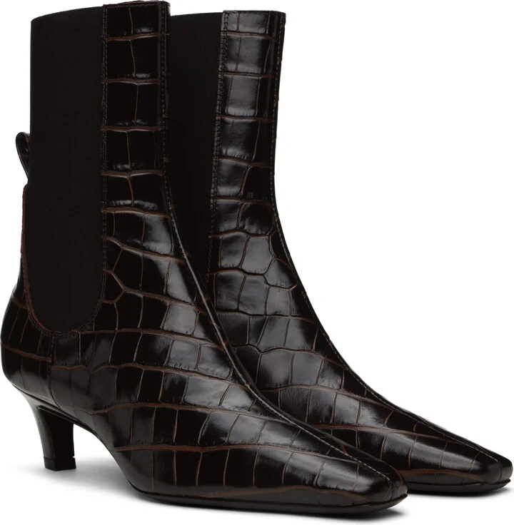 TOTEME Brown Croco-Embossed Mid-Heel Boots - Image 4