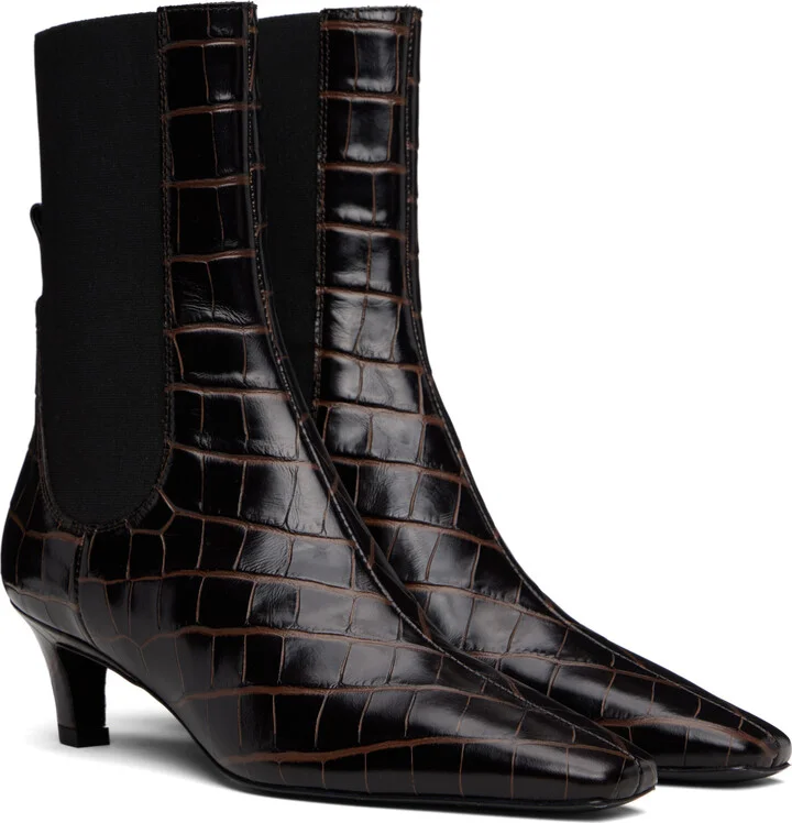TOTEME Brown Croco-Embossed Mid-Heel Boots - Image 4