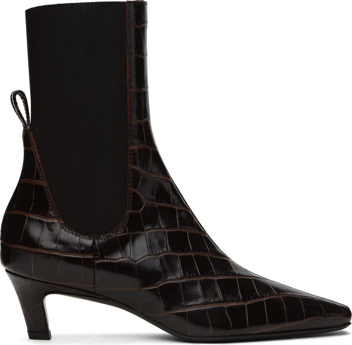 TOTEME Brown Croco-Embossed Mid-Heel Boots