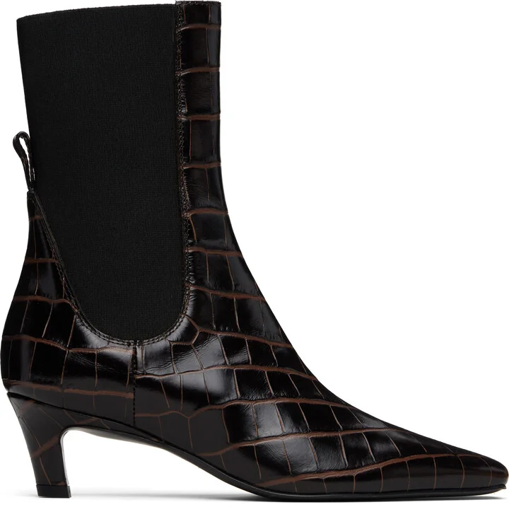 TOTEME Brown Croco-Embossed Mid-Heel Boots